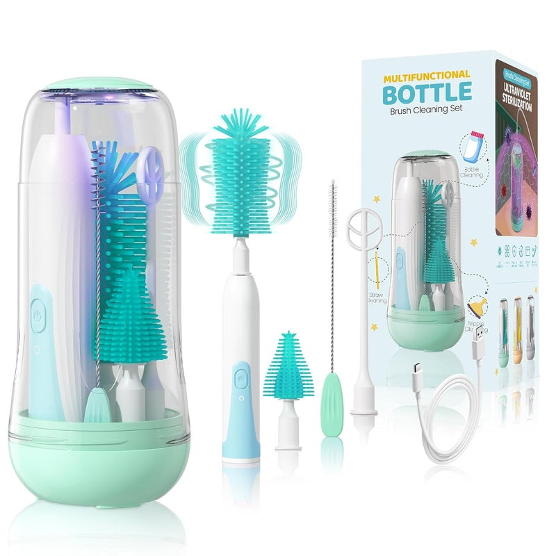 IvyWind Electric Travel Baby Bottle Brush Set with Storage Box, Automatic Bottle Cleaner Brush Kit with Silicone Bottle/Nipple/Straw Brush, Milk Frother Electric and Drainage Rack, Rechargeable, Green - Image 1